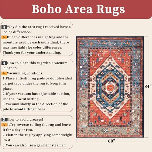 SERISSA 5x7 Washable Non Slip Boho Area Rug for Living Room，Rust