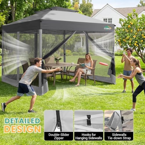 COBIZI 10x10 Pop Up Gazebo with Mosquito Netting,Double Roof,Dark Gray&Gray