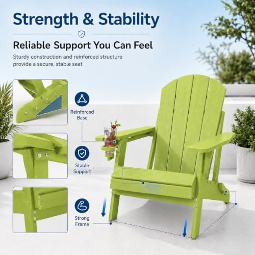 Folding Adirondack Chairs Set of 6 with Cup Holders, Heavy Duty HDPE Plastic Outdoor Chairs, Weather Resistant Heavyweight Patio Furniture Set for Deck, Fire Pit, Backyard, Apple Green