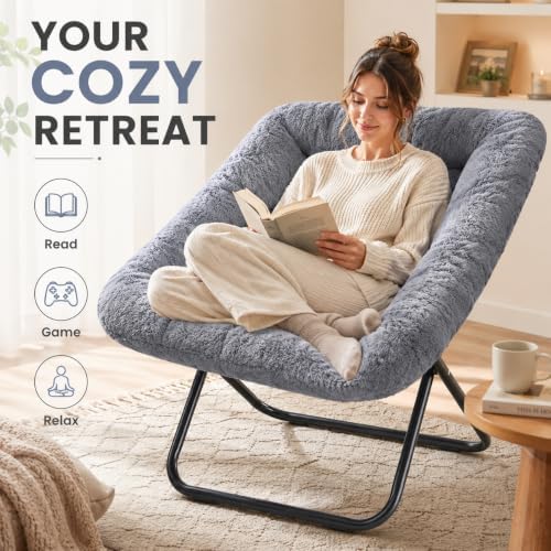 Simple Deluxe Oversized Square Moon Chair for Adults, Soft Faux Fur Folding Lounge Chair with Sturdy Steel Frame, Comfortable Reading Gaming Chair for Living Room, Bedroom, Grey