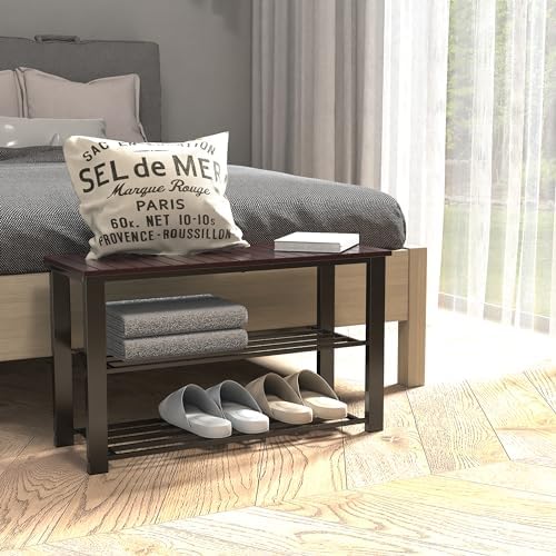 Simple Houseware Wooden Top Shoe Rack Bench for Entryway, Dark Brown