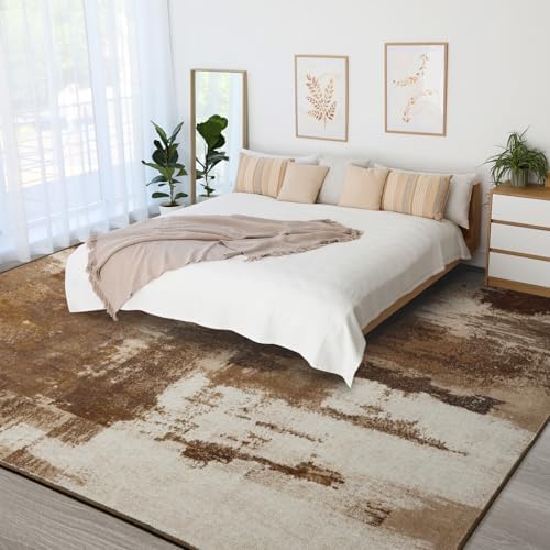 Kelarea Washable Area Rug 9x12, Non-Slip Low Pile Abstract Brown