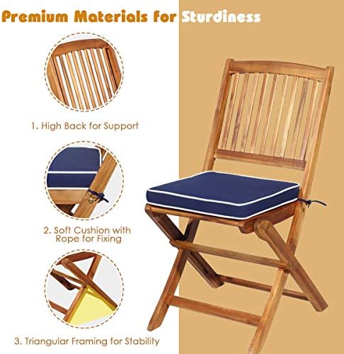 ORALNER 3-Piece Acacia Wood Folding Patio Bistro Set, Small Outdoor Balcony Furniture, Round Coffee Table and 2 Chairs with Soft Cushions, Teak Table Set for Porch, Backyard, Deck (Navy Blue)