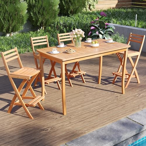 Tangkula Patio Folding Barstool, Outdoor Portable High Top Acacia Wood Bar Height Chair with Backrest & Footrest,for Backyard, Garden, Front Porch (1)
