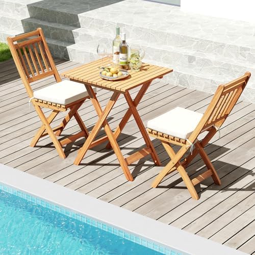 KOTEK Outdoor Folding Bistro Set, 3 Pieces Acacia Wood Bistro Set with Soft Cushions, Patio Bistro Table and Chairs for Backyard, Porch, Poolside (Vertical Slats)