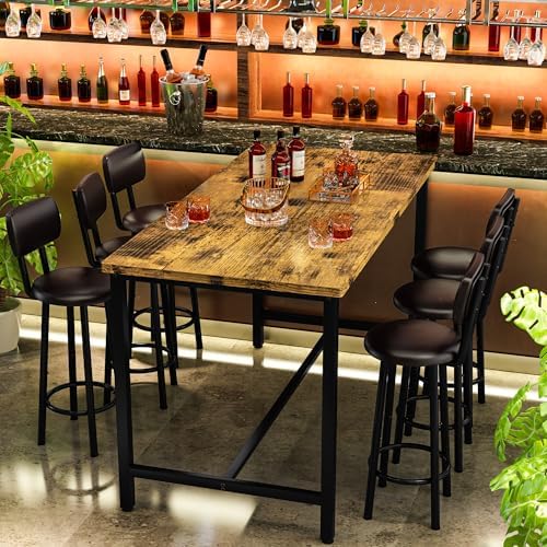 Recaceik 50" Dining Table Set for 6, 7-Piece Counter Height Bar Table Set with Upholstered Stools, Space-Saving Modern Pub Set for Kitchen, Breakfast Nook & Home Bar, Rustic Brown