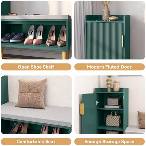 Storage Bench with Fluted Door&Shelf, L-Shaped Entryway Bench