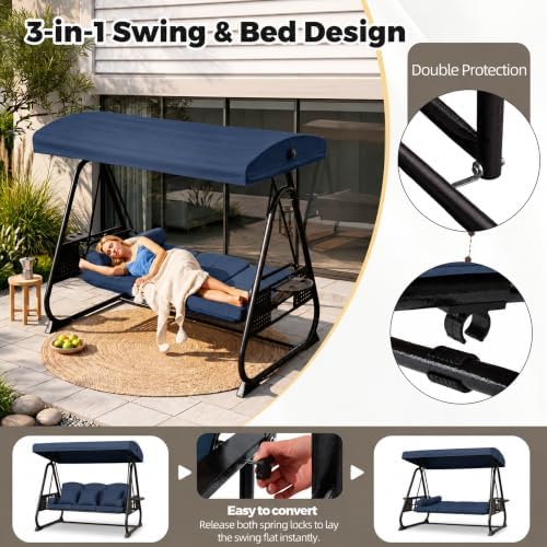 3 Seat Patio Swing Chair with Canopy,Outdoor Porch Swing with Thick Cushions,Adjustable Sunshade,Side Trays & Pillows,Heavy Duty Metal Frame for Patio,Garden,Backyard(Blue)