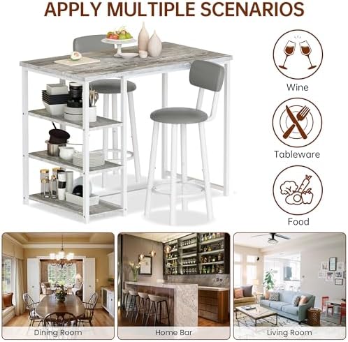 Recaceik Pub Dining Table Set for 2, Table and Bar Stools with 3 Storage Shelves, MDF Board & PU Leather Backrest Chairs, 3 Piece Dining Set for Small Space, Apartment, Kitchen Island, Grey