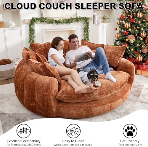 81.1" Cloud Couch Sleeper Sofa, Oversized Round Chaise Lounge Chair Indoor, Modern Chenille Boneless Couch with 14 Pillows, Upholstered Barrel Daybed, Memory Foam Sofas for Living Room, Orange