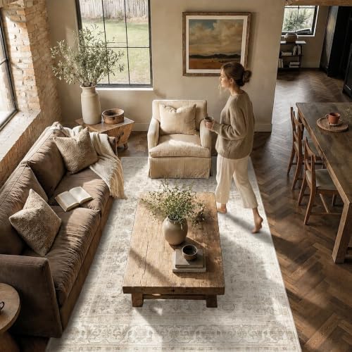 JOOJA 8x10 Beige Vintage Soft Low Pile Boho Neutral Washable Area Rug