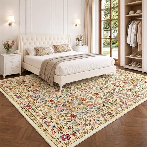 Beauoop 8x10 Floral Washable Beige Neutral Vintage Area Rug for Living Room