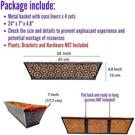 LaLaGreen Window Planter Boxes Outdoor (24 Inch, 4 Pack) Large Fence Hanging Planters Outdoor Plants, Metal Deck Railing Flower Box with Coco Liner, Modern Horse Troughs Balcony Pots Patio Porch Rail