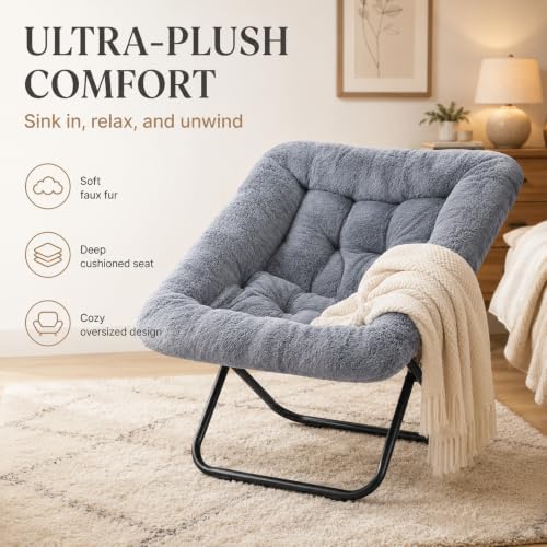 Simple Deluxe Oversized Square Moon Chair for Adults, Soft Faux Fur Folding Lounge Chair with Sturdy Steel Frame, Comfortable Reading Gaming Chair for Living Room, Bedroom, Grey