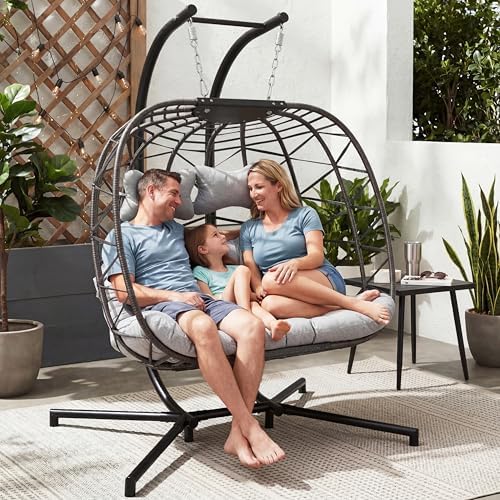 NICESOUL 2 Person Hanging Egg Chair Outdoor with Stand, Wide & Large Comfy Pumpkin Shape Double Swing Hammock Chairs with Thick Cushion, Heavy Duty All-Weather Egg Loveseat for Indoor Outdoor, Grey