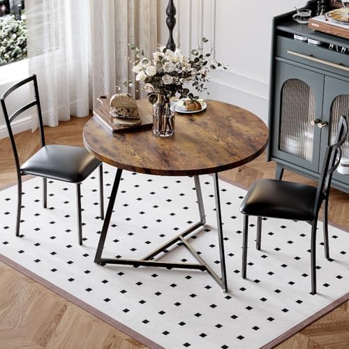 Garvee Dining Table Set for 2, Wooden Kitchen Table and Chairs of 2 with Upholstered Chairs, Round Kitchen Tables Set, 3 Piece Dining Room Table Sets for Small Space, Apartment, Rustic Brown