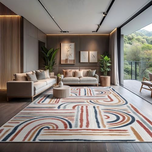 CAMILSON Indoor Outdoor Rug, Multicolor 10x14 Geometric Arch Striped Large Area Rugs for Patio and Home Areas, Easy-Cleaning Non-Shedding Living Room, Garden and Deck Washable Outside Carpet 10 x 14