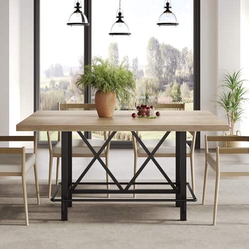 LITTLE TREE 63-Inch Industrial Bar Table with Metal Footrest, Counter Height Pub Table for Kitchen, Home Bar & Entertaining (Rustic Gray)