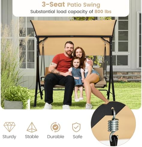 HAPPYGRILL 3-Seat Outdoor Porch Swing with Adjustable Canopy, Armrests, Metal Frame & Thickened Cushions, Patio Swing Chair for Garden, Poolside & Deck