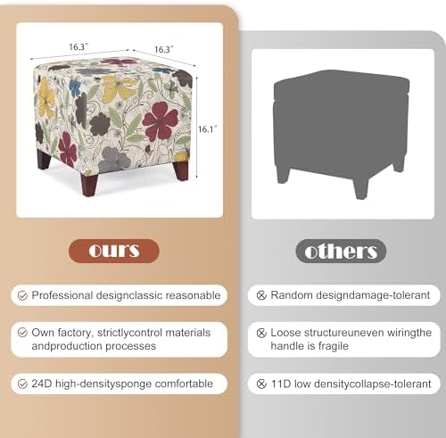 Adeco Floral Printed Linen Ottoman, 16.3" Upholstered Cube Foot Stool with Wood Legs, Small Accent Footrest for Living Room, Bedroom Vanity, and Under Desk - Burnt Orange & Blue