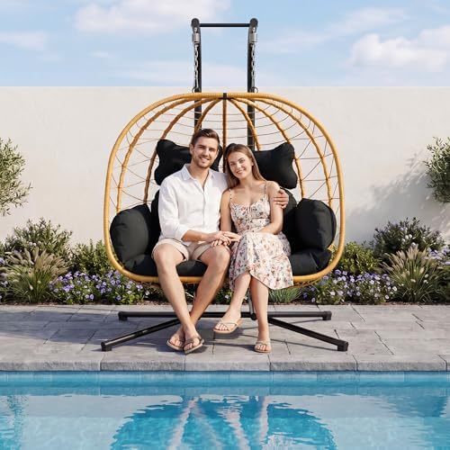 Bifanuo Double Hanging Egg Chair with Stand, Outdoor Indoor Swing Chair with Removable Cushion for 2 Person, Heavy Duty 700LBS Capacity for Patio, Bedroom, Garden (Yellow-Black)