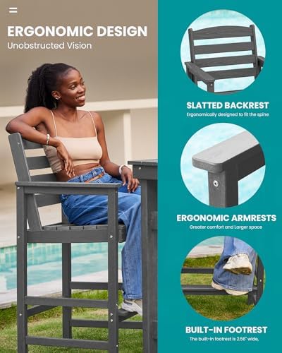 SERWALL 2-Pieces Tall Adirondack Chairs, HDPE Balcony Barstools Set, Grey