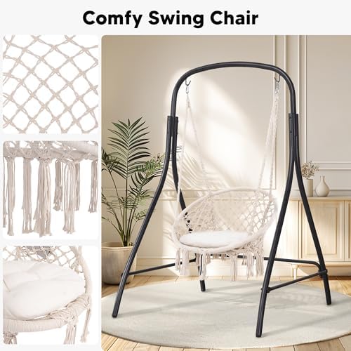 SUNCREAT Indoor Hammock Swing Chair with Stand, Hanging Chair Outdoor with Stand, 400 lbs Capacity, Beige