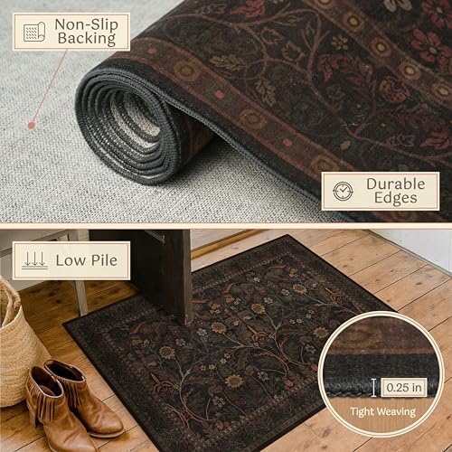 Washable 8x10 Area Rugs for Living Room, Black and Brown Halloween Rug for Bedroom Dining Room, Moody Floral Farmhouse Western Style Decor, Large Gold Southwest Non Slip Low Pile Carpet (Dark Brown)