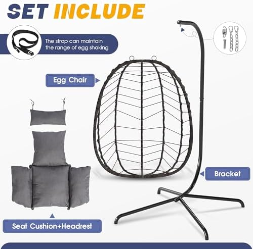 LEX CRAFT Egg Chair with Stand, Patio Wicker Hanging Chair, Hammock Swing Chair, 350LBS Capacity for Bedroom, Balcony, Garden(BR-GR)