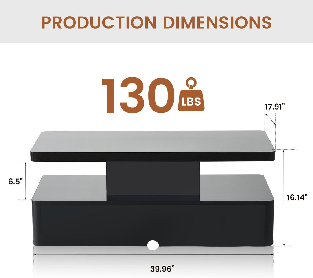 40" Modern Living Room Tables, LED Coffee Table with LED Lights, 2 Tier Rectangular Center Table with Large Storage, High Glossy Surface, Tea Table for Living Room, Black