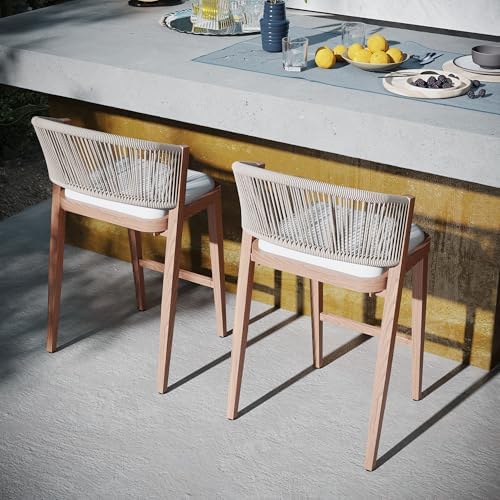 Modern Shade Chatham Outdoor Counter Height Bar Stool Set of 2 with Rope Woven Backrest, Wood Grain Aluminum Frame & Cushioned Seat, Modern Counter Height Bar Stool for Patio, Kitchen & Home Bar