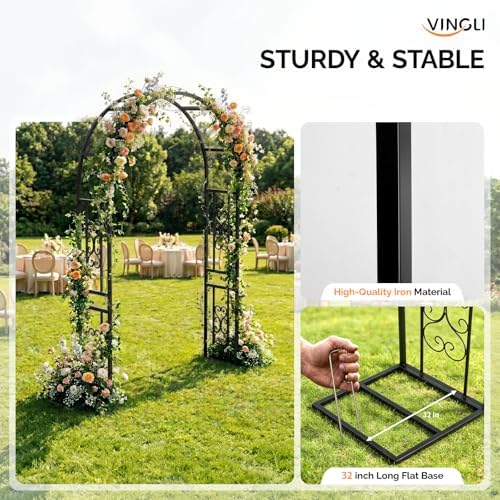 VINGLI Garden Arbor, 7.6ft Arch Trellis for Climbing Plants, Metal Garden Arbor with Flat Base, for Wedding, Entryway, Courtyard, Arch for Halloween, Christmas