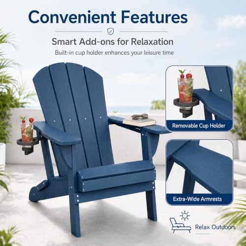 Folding Adirondack Chair with Cup Holder and Phone Holder, Heavy Duty HDPE Plastic Outdoor Lounger, All-Weather Resistant Patio Chair for Backyard, Porch, Deck, Fire Pit, Navy Blue