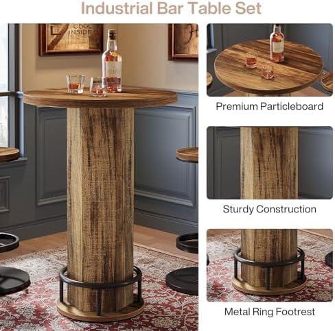 Tribesigns Round Bar Table with Chairs, Industrial Bistro Sets with 2 barstools, Pub Cocktail Table with Metal Ring Footrest for Kitchen Nook, Apartment, Small Space