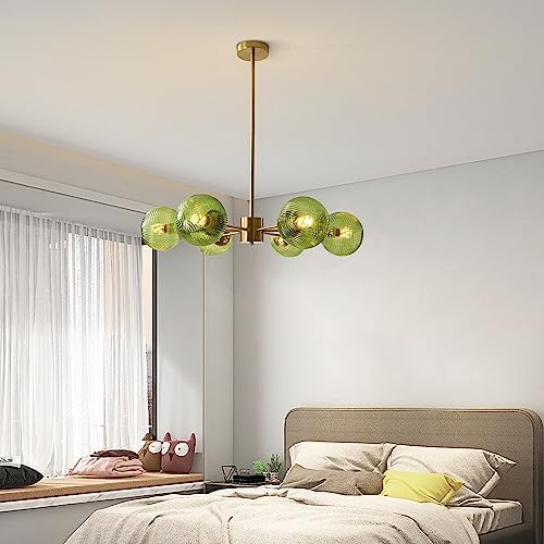 BOKT Green Glass Ball Pendant Light Mid Century Modern Gold 6-Lights Globe Sputnik Chandelier Light Fixture Brushed Brass Chandelier Pendant Light for Kitchen Island Dining Room