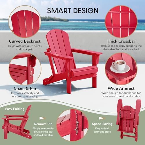 WestinTrends Malibu Outdoor Patio HDPE Folding Poly Adirondack Chair, Red