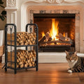 Vailge Firewood Rack Indoor with 4 Pieces Long&Detachable Fireplace Tools, Heavy Duty Steel 2-Tier Firewood Holder Storage, Log Rack for for Fireplace, Fire Pit, Wood Stove Black