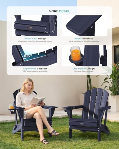 Ciokea Folding Adirondack Chairs Set of 2, Patio Adirondack Chair Weather Resistant, Plastic Fire Pit Chair with Cup Holder, Lawn Chair for Outdoor Porch Garden Backyard Deck, Blue