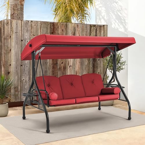 HOMREST 3 Seat Porch Swing with Adjustable Canopy, Patio Swing with Stand