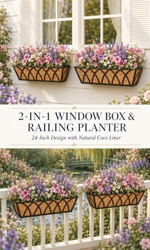 Y&M 4pcs 24 Inch Planter, Metal Window Boxes with Coco Liner, Indoor Outdoor Hanging Flower Planter for Garden, Lawn, Balcony, Porch, Fence, Patio Rail