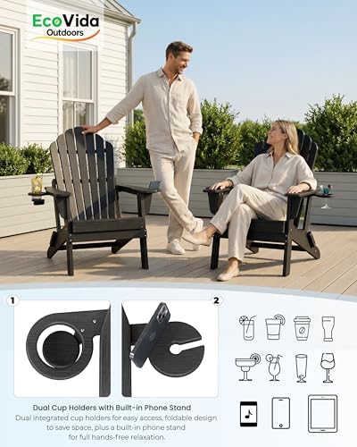HDPE Folding Adirondack Chair with 2 Cup Holders, Black