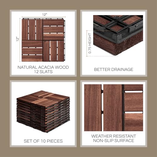 THYOI Acacia Wood Interlocking Deck Tiles (12" x 12"), Deck Flooring Outdoor Waterproof All Weather, Tiles for Patio, decking Tiles for Indoor and Outdoor use (Dark Brown 12S, 30 Pcs - 30 Square ft)