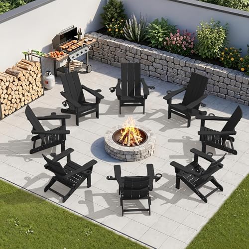 SERWALL Modern Folding Adirondack Chairs Set of 2, HDPE, Cup Holders, Black