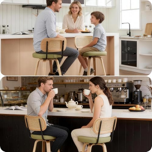 Rattan Bar Stools Set of 2,Upholstered PU Leather, 26‘’ Counter Height Barstools with Back and Wood Legs,360°Swivel,Mid-Century Modern Bar Stool for Kitchen Island Dining Room and Bar(Grass Green)
