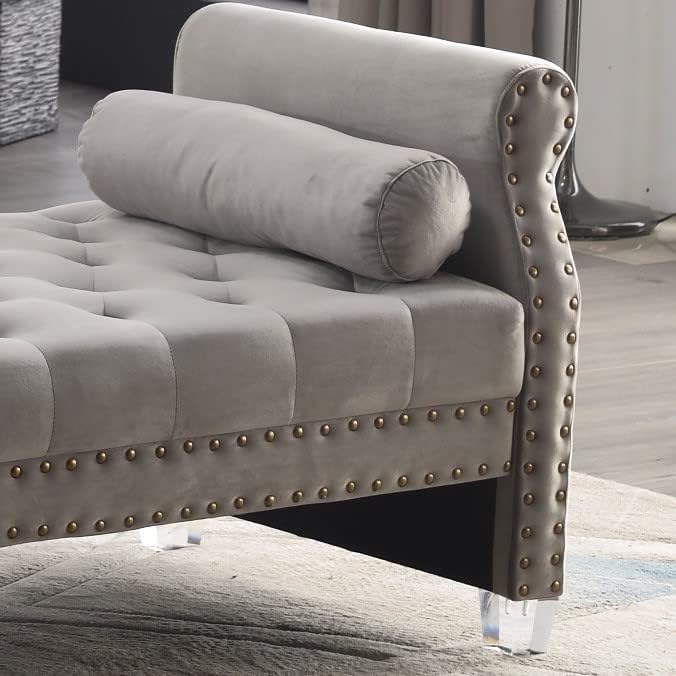 LMZ Mathias 71-inch Rolled Arm Velvet Button Tufted Upholstered Bench for Bedroom End of Bed Chaise Lounge Fabric Long Ottoman Couch Window and Living Room Footrest Stool (Grey)