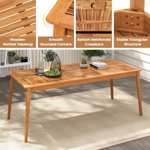 HAPPYGRILL Outdoor Acacia Wood Dining Table for 8 People, 79” x 35” Rectangular Patio Bistro Table with Built-in Umbrella Hole, Wooden Picnic Table for Porch, Garden, Backyard, Natural