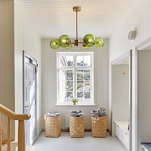 BOKT Green Glass Ball Pendant Light Mid Century Modern Gold 6-Lights Globe Sputnik Chandelier Light Fixture Brushed Brass Chandelier Pendant Light for Kitchen Island Dining Room