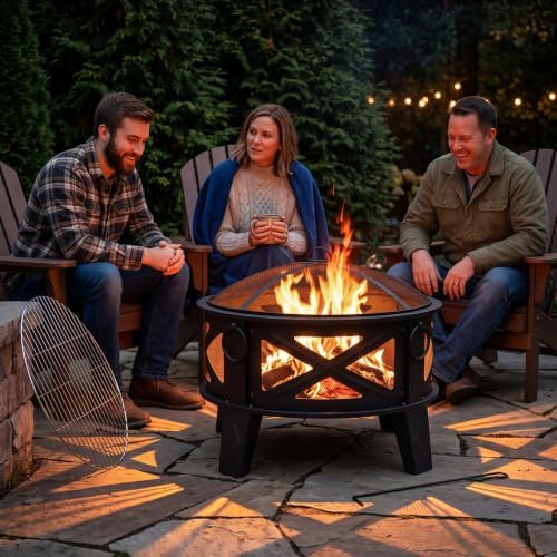 Fire Beauty 26" 2-in-1 Fire Pit with BBQ Grill, Spark Screen & Poker, Black