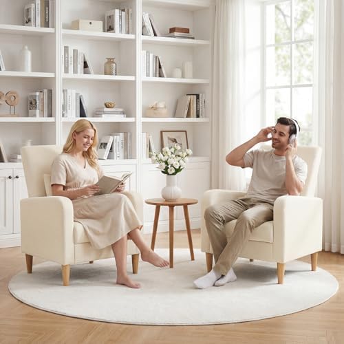 COLAMY Mid-Century Modern Upholstered Accent Chair with Back Pillow & Solid Wood Legs, Fabric Cozy Armchair for Living Room, Bedroom, Reading Nook, Apartment & Small Spaces, Beige