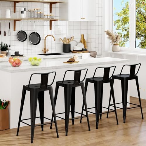 Metal Bar Stools Set of 4,26 Inch Counter Height Stools with Low Back Black